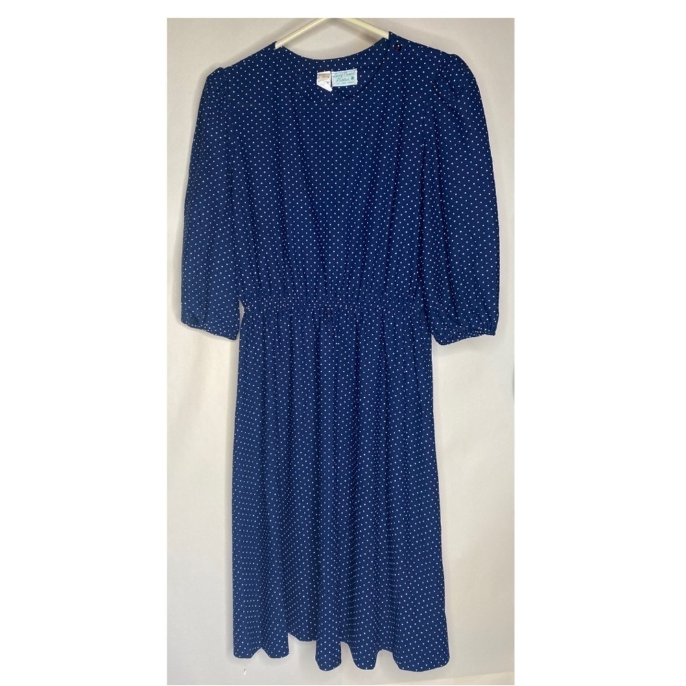 Vintage Lady Carol Petites of New York Polka Dot Navy Dress Sz 14